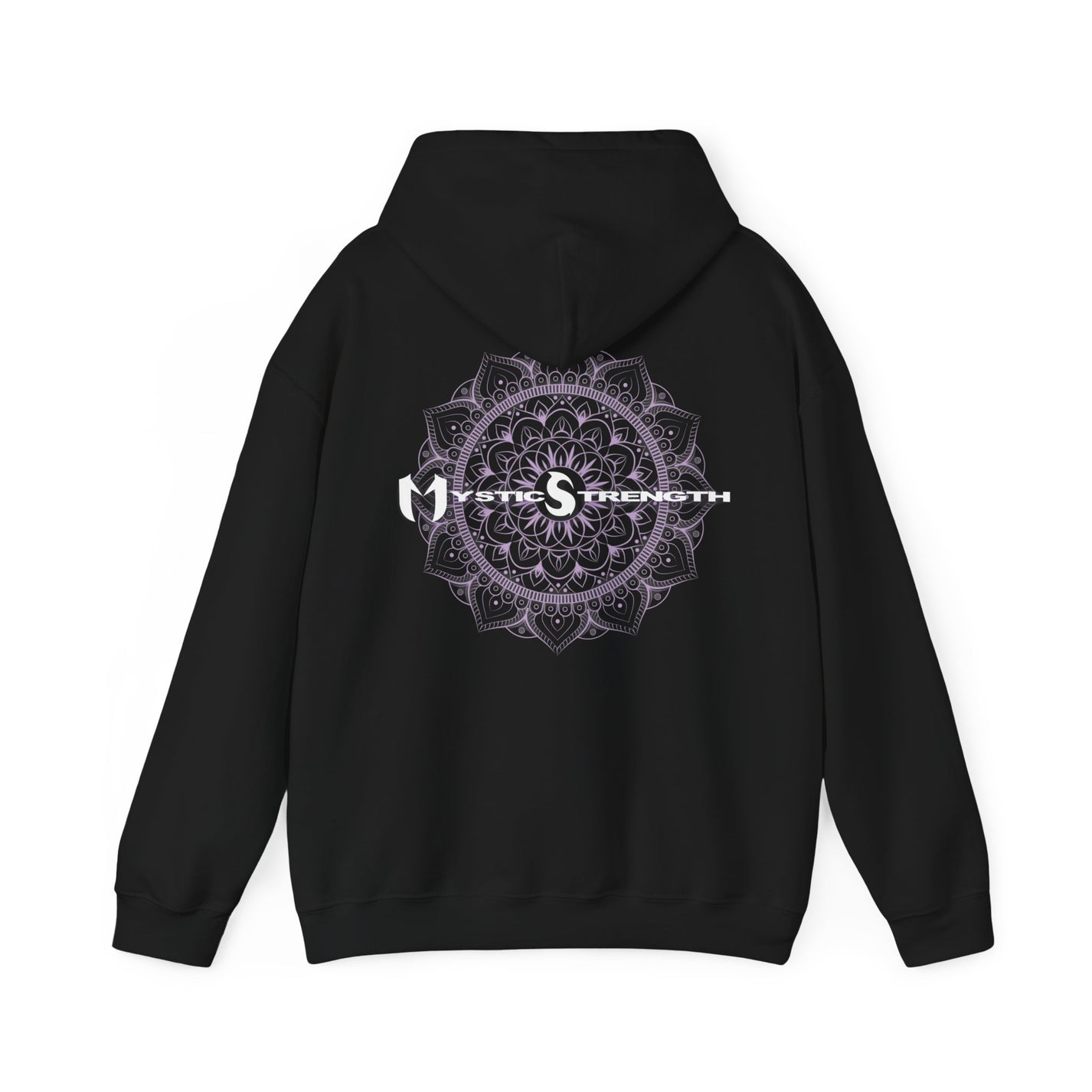 A pink hoodie with a mandala design on the back, including a hood with a drawstring and a kangaroo pocket.